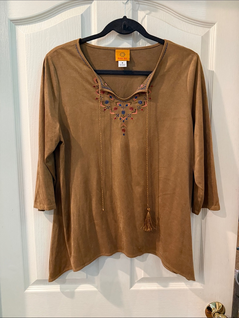 Ruby Rd. Brown Embroidered V-Neck Tassel Tunic